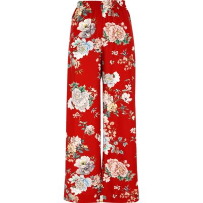 Red floral wide leg high waisted trousers